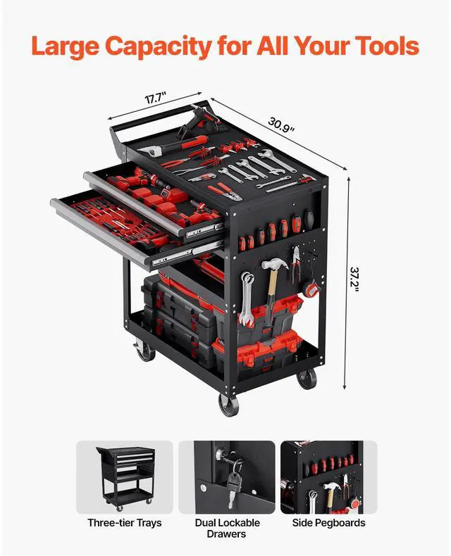 Alt view image 3 of 8 - VEVOR 5-Tier Tool Cart with Wheels, 400 lbs Load Capacity, Rolling Work Cart with 2 Drawers & Pegboard, Mechanic Tool Storage Organizer with Locking System for Garage, Warehouse and Repair Shop, Black