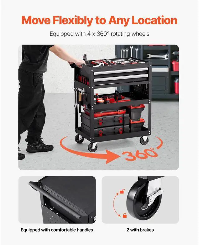 Alt view image 5 of 8 - VEVOR 5-Tier Tool Cart with Wheels, 400 lbs Load Capacity, Rolling Work Cart with 2 Drawers & Pegboard, Mechanic Tool Storage Organizer with Locking System for Garage, Warehouse and Repair Shop, Black