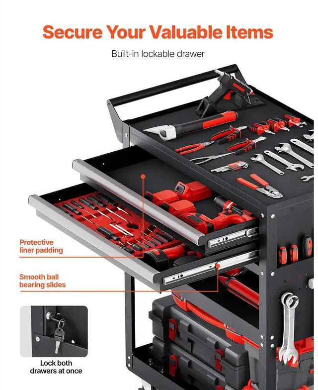 Alt view image 4 of 8 - VEVOR 5-Tier Tool Cart with Wheels, 400 lbs Load Capacity, Rolling Work Cart with 2 Drawers & Pegboard, Mechanic Tool Storage Organizer with Locking System for Garage, Warehouse and Repair Shop, Black