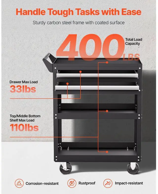 Alt view image 6 of 8 - VEVOR 5-Tier Tool Cart with Wheels, 400 lbs Load Capacity, Rolling Work Cart with 2 Drawers & Pegboard, Mechanic Tool Storage Organizer with Locking System for Garage, Warehouse and Repair Shop, Black