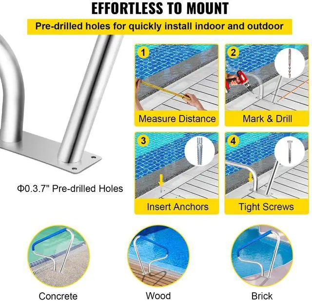 Alt view image 5 of 7 - Pool Rail 48x36 Pool Railing 304 Stainless Steel 250LBS Load Capacity Silver Rustproof Pool Handrail Humanized Swimming Pool Handrail with Blue Grip Cover & M8 Drill Bit & Self-Taping Screws
