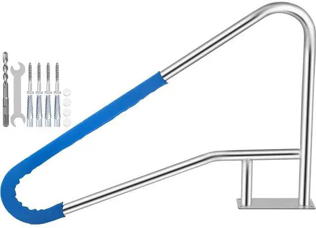 Main image of Pool Rail 55x32 Pool Railing 304 Stainless Steel 250LBS Load Capacity Silver Rustproof Pool Handrail Humanized Swimming Pool Handrail with Blue Grip Cover & M8 Drill Bit & Self-Taping Screws