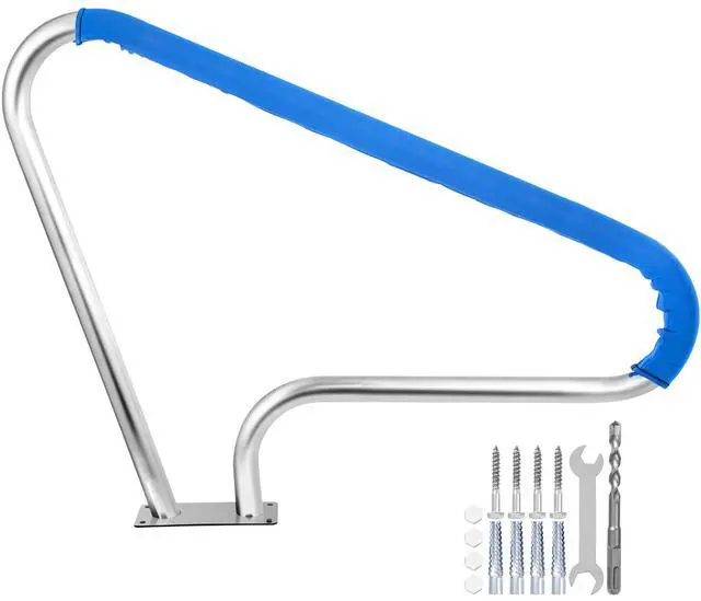 Main image of Pool Rail 48x36 Pool Railing 304 Stainless Steel 250LBS Load Capacity Silver Rustproof Pool Handrail Humanized Swimming Pool Handrail with Blue Grip Cover & M8 Drill Bit & Self-Taping Screws