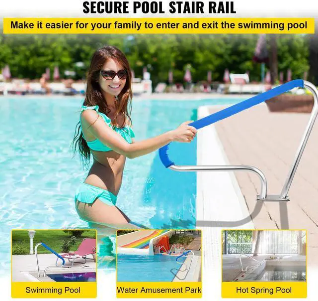 Alt view image 2 of 7 - Pool Rail 48x36 Pool Railing 304 Stainless Steel 250LBS Load Capacity Silver Rustproof Pool Handrail Humanized Swimming Pool Handrail with Blue Grip Cover & M8 Drill Bit & Self-Taping Screws