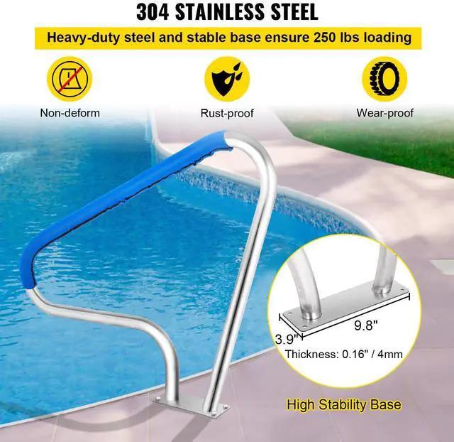 Alt view image 4 of 7 - Pool Rail 48x36 Pool Railing 304 Stainless Steel 250LBS Load Capacity Silver Rustproof Pool Handrail Humanized Swimming Pool Handrail with Blue Grip Cover & M8 Drill Bit & Self-Taping Screws