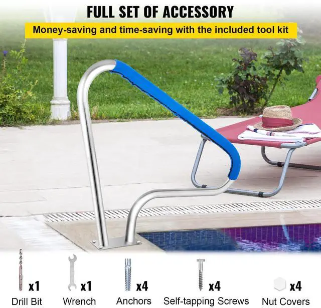 Alt view image 6 of 7 - Pool Rail 48x36 Pool Railing 304 Stainless Steel 250LBS Load Capacity Silver Rustproof Pool Handrail Humanized Swimming Pool Handrail with Blue Grip Cover & M8 Drill Bit & Self-Taping Screws