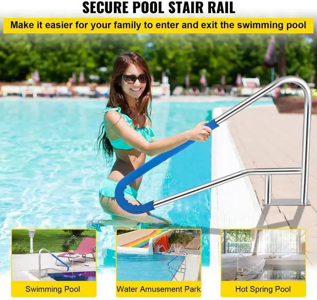 Alt view image 2 of 7 - Pool Rail 55x32 Pool Railing 304 Stainless Steel 250LBS Load Capacity Silver Rustproof Pool Handrail Humanized Swimming Pool Handrail with Blue Grip Cover & M8 Drill Bit & Self-Taping Screws