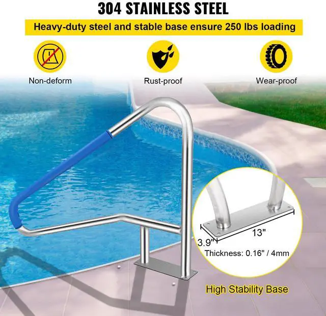 Alt view image 4 of 7 - Pool Rail 55x32 Pool Railing 304 Stainless Steel 250LBS Load Capacity Silver Rustproof Pool Handrail Humanized Swimming Pool Handrail with Blue Grip Cover & M8 Drill Bit & Self-Taping Screws