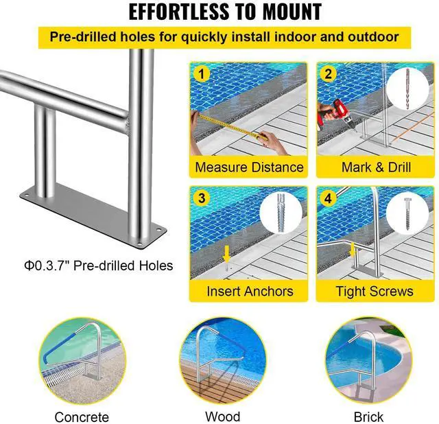 Alt view image 5 of 7 - Pool Rail 55x32 Pool Railing 304 Stainless Steel 250LBS Load Capacity Silver Rustproof Pool Handrail Humanized Swimming Pool Handrail with Blue Grip Cover & M8 Drill Bit & Self-Taping Screws