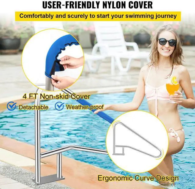 Alt view image 3 of 7 - Pool Rail 55x32 Pool Railing 304 Stainless Steel 250LBS Load Capacity Silver Rustproof Pool Handrail Humanized Swimming Pool Handrail with Blue Grip Cover & M8 Drill Bit & Self-Taping Screws