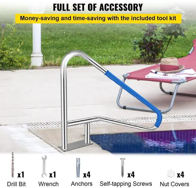 Alt view image 6 of 7 - Pool Rail 55x32 Pool Railing 304 Stainless Steel 250LBS Load Capacity Silver Rustproof Pool Handrail Humanized Swimming Pool Handrail with Blue Grip Cover & M8 Drill Bit & Self-Taping Screws