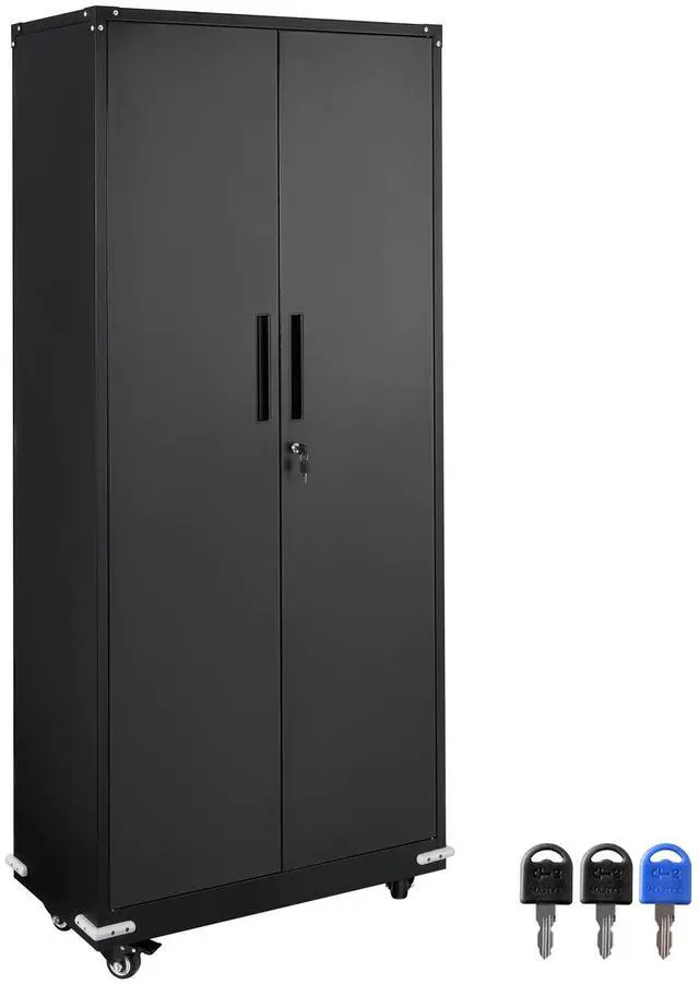 Alt view image 9 of 15 - VEVOR Metal Storage Cabinet with Wheels, 75'' Locking Cabinet with 2 Magnetic Doors and 4 Adjustable Shelves, 200 lbs Capacity per Shelf, Metal Cabinet with 3 Keys for Office, Garage, Home, Black