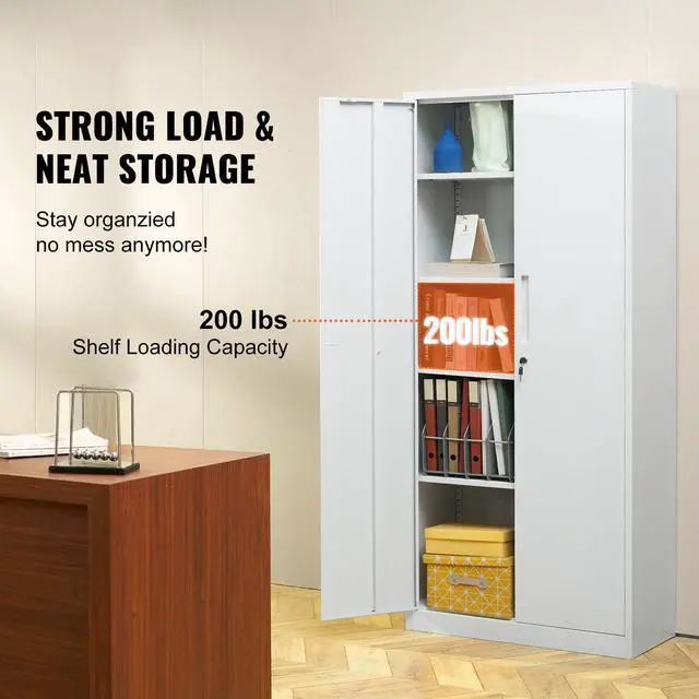 Alt view image 10 of 15 - VEVOR Metal Storage Cabinet with 2 Magnetic Doors and 4 Adjustable Shelves, 200 lbs Capacity per Shelf, Locking Steel Storage Cabinet, 71'' Metal Cabinet with 3 Keys, for Office, Garage, Home, White