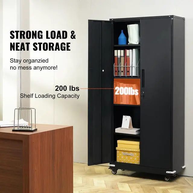 Alt view image 10 of 15 - VEVOR Metal Storage Cabinet with Wheels, 75'' Locking Cabinet with 2 Magnetic Doors and 4 Adjustable Shelves, 200 lbs Capacity per Shelf, Metal Cabinet with 3 Keys for Office, Garage, Home, Black