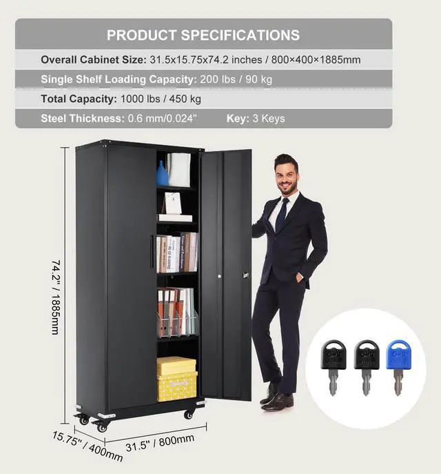 Alt view image 15 of 15 - VEVOR Metal Storage Cabinet with Wheels, 75'' Locking Cabinet with 2 Magnetic Doors and 4 Adjustable Shelves, 200 lbs Capacity per Shelf, Metal Cabinet with 3 Keys for Office, Garage, Home, Black
