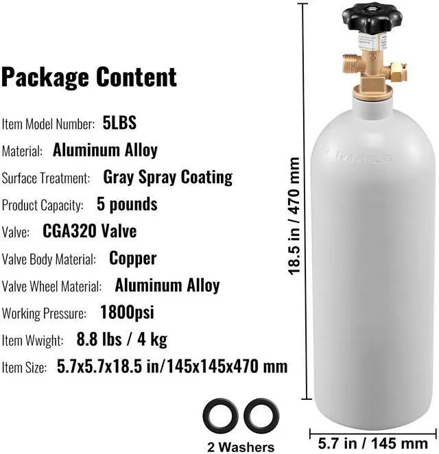 Alt view image 14 of 14 - VEVOR 5 Lbs CO2 Tank Aluminum Gas Cylinder, Brand New CO2 Cylinder with Gray Spray Coating, CO2 Tank with CGA320 Valve, For Draft Soda Beer