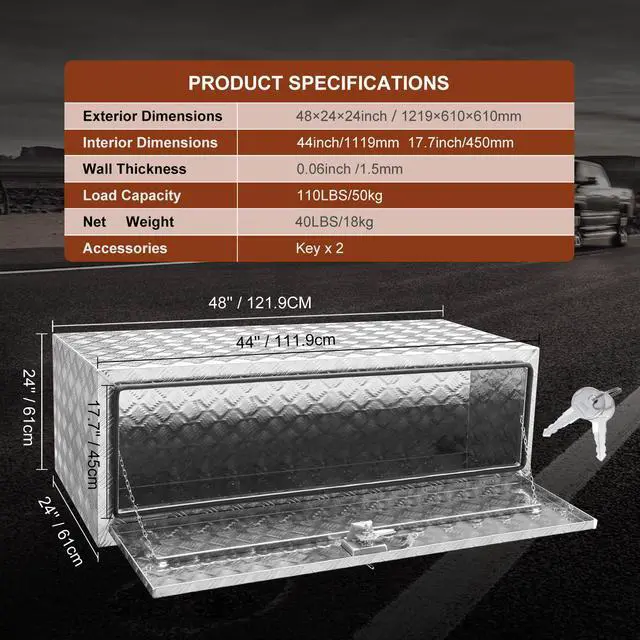 Alt view image 15 of 15 - VEVOR Underbody Truck Box, 48"24"24" Pickup Storage Box, Heavy Duty Aluminum Diamond Plate Tool Box with Lock and Keys, Waterproof Trailer Storage Box with T-Handle Latch for Truck, Van, Trailer