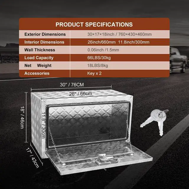 Alt view image 10 of 10 - VEVOR Underbody Truck Box, 30"17"18" Pickup Storage Box, Heavy Duty Aluminum Diamond Plate Tool Box with Lock and Keys, Waterproof Trailer Storage Box with T-Handle Latch for Truck, Van, Trailer
