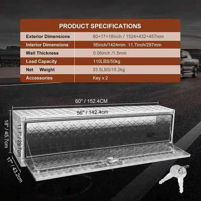 Alt view image 15 of 15 - VEVOR Underbody Truck Box, 60"17"18" Pickup Storage Box, Heavy Duty Aluminum Diamond Plate Tool Box with Lock and Keys, Waterproof Trailer Storage Box with T-Handle Latch for Truck, Van, Trailer