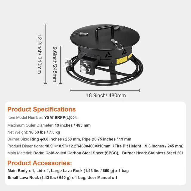 Alt view image 9 of 9 - VEVOR Propane Fire Pit 19 Outdoor Portable Gas Fire Pit for Heating 58000 BTU