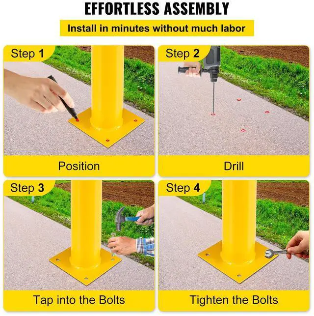 Alt view image 6 of 7 - Safety Bollard, 48 Inch Height Bollard Post, 5.5 Inch Diameter Steel Pipe Safety Bollard Post, Yellow Steel Bollard, Steel Safety Bollard with 8 Anchor Bolts, Perfect for Traffic-Sensitive Area