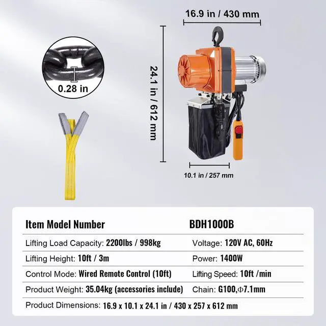 Alt view image 14 of 14 - VEVOR Electric Chain Hoist, 2200 lbs/1 ton Capacity, 10 ft Lifting Height, 10 ft/min Speed, 120V, Single Phase Overhead Crane with G100 Chain, 10 ft Wired Remote Control for Garage, Shop, Hotel, Home