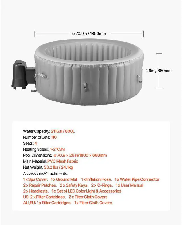 Alt view image 8 of 8 - VEVOR Inflatable Hot Tub, 2 to 4 Person Capacity, 70.9 x 26 in Round Portable Outdoor Spa, with 110 Soothing Jets, Filter, Cover and Mat, Multi-function Control Panel, PVC Outdoor Hot Tub, Grey