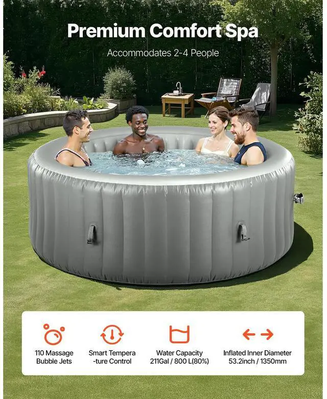 Alt view image 3 of 8 - VEVOR Inflatable Hot Tub, 2 to 4 Person Capacity, 70.9 x 26 in Round Portable Outdoor Spa, with 110 Soothing Jets, Filter, Cover and Mat, Multi-function Control Panel, PVC Outdoor Hot Tub, Grey