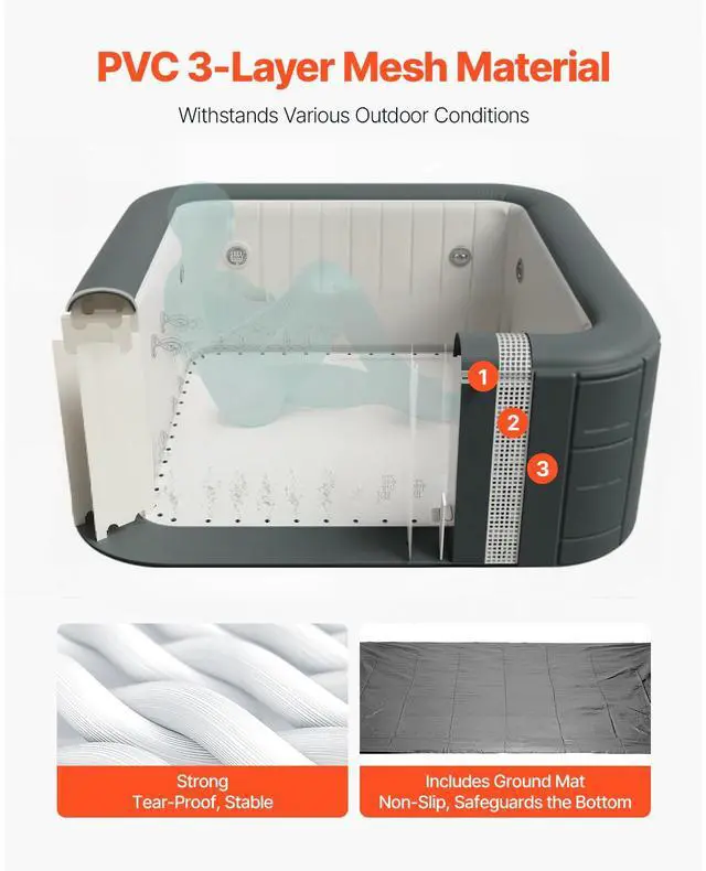 Alt view image 5 of 7 - Inflatable Hot Tub, 4 to 6 Person Capacity, 72.8 x 26 in Square Portable Outdoor Spa, with 130 Soothing Jets, Filter, Cover and Mat, Multi-function Control Panel, PVC Outdoor Hot Tub, Grey