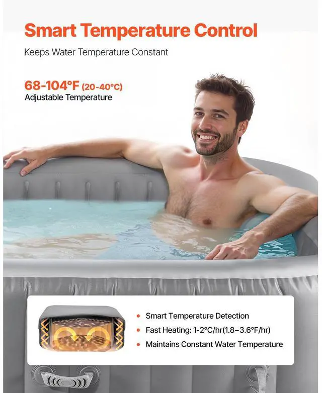 Alt view image 3 of 7 - Inflatable Hot Tub, 4 to 6 Person Capacity, 72.8 x 26 in Square Portable Outdoor Spa, with 130 Soothing Jets, Filter, Cover and Mat, Multi-function Control Panel, PVC Outdoor Hot Tub, Grey