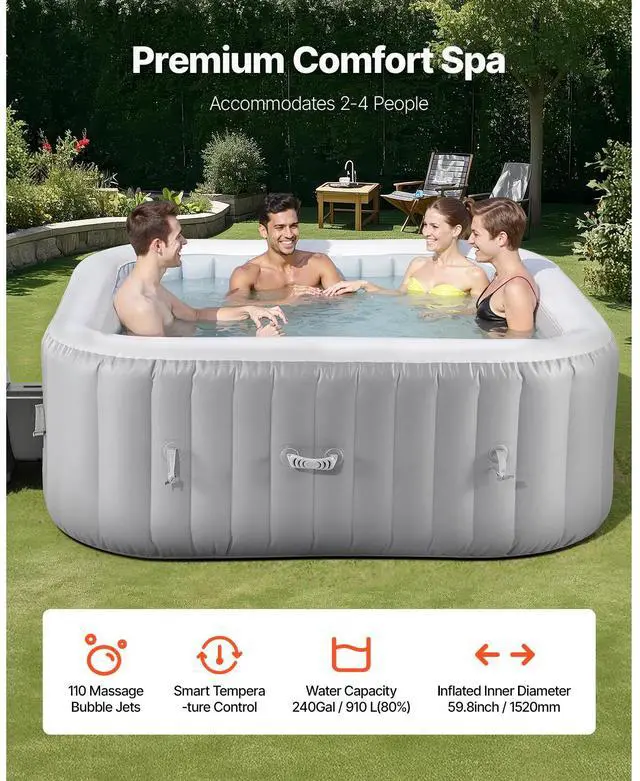 Alt view image 2 of 7 - Inflatable Hot Tub, 4 to 6 Person Capacity, 72.8 x 26 in Square Portable Outdoor Spa, with 130 Soothing Jets, Filter, Cover and Mat, Multi-function Control Panel, PVC Outdoor Hot Tub, Grey