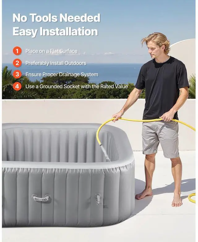 Alt view image 6 of 7 - Inflatable Hot Tub, 4 to 6 Person Capacity, 72.8 x 26 in Square Portable Outdoor Spa, with 130 Soothing Jets, Filter, Cover and Mat, Multi-function Control Panel, PVC Outdoor Hot Tub, Grey