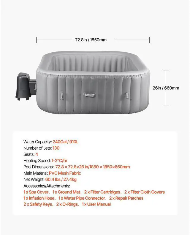 Alt view image 7 of 7 - Inflatable Hot Tub, 4 to 6 Person Capacity, 72.8 x 26 in Square Portable Outdoor Spa, with 130 Soothing Jets, Filter, Cover and Mat, Multi-function Control Panel, PVC Outdoor Hot Tub, Grey