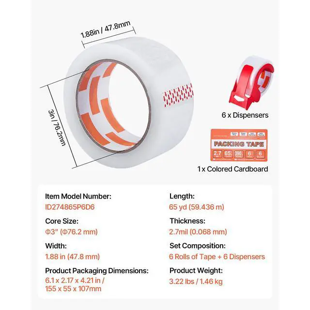 Alt view image 14 of 14 - VEVOR Clear Packing Tape 6 Rolls 65 Yards Clear Shipping Tape with Dispenser 2.7 Mil