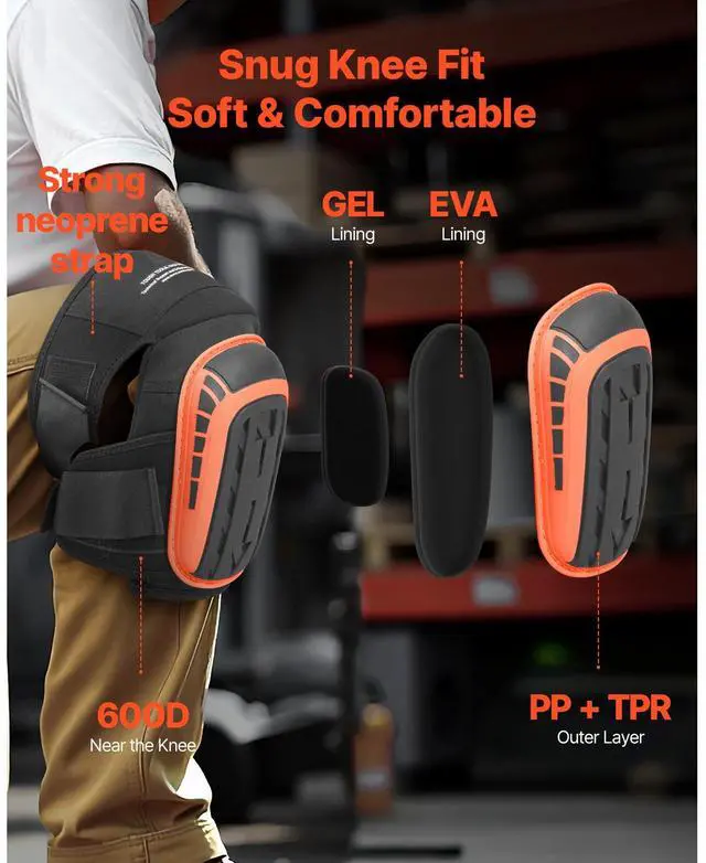 Alt view image 3 of 8 - VEVOR Knee Pads for Work, Extended Heavy Duty Construction Knee Pads with 2 Extension Straps, Anti-Slip Foam Gel Knee Pads, Men & Women, for Gardening Flooring Roofing and Cleaning, Black and Orange