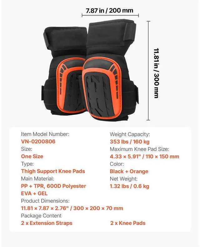 Alt view image 8 of 8 - VEVOR Knee Pads for Work, Extended Heavy Duty Construction Knee Pads with 2 Extension Straps, Anti-Slip Foam Gel Knee Pads, Men & Women, for Gardening Flooring Roofing and Cleaning, Black and Orange