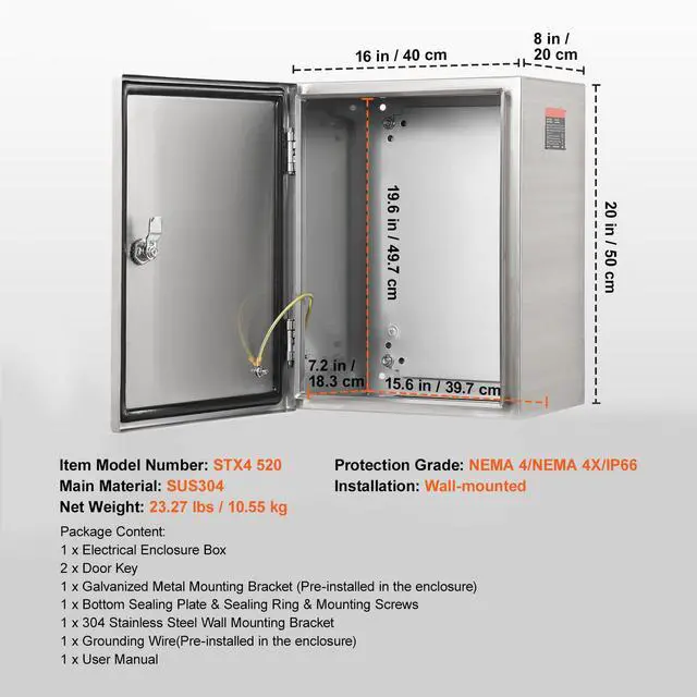 Alt view image 14 of 14 - VEVOR Steel Electrical Box, 20"x 16"x 8", 304 Stainless Steel Electrical Enclosure Box, Wall-Mounted Outdoor Electrical Electronic Equipment Enclosure with Mounting Plate Hinges Lock, IP66 Waterproof