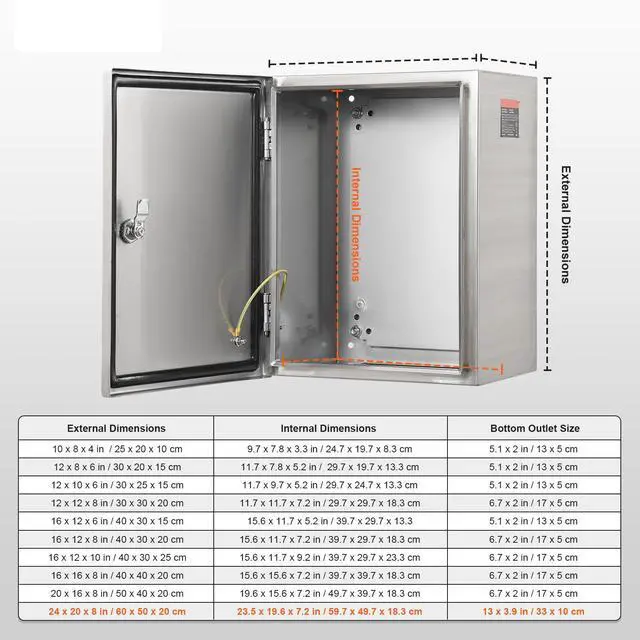 Alt view image 14 of 14 - VEVOR Steel Electrical Box, 24"x 20"x 8", 304 Stainless Steel Electrical Enclosure Box, Wall-Mounted Outdoor Electrical Electronic Equipment Enclosure with Mounting Plate Hinges Lock, IP66 Waterproof