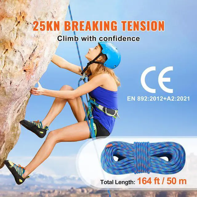 Alt view image 9 of 14 - VEVOR 10.2mm Dynamic Climbing Rope, 50M(164ft) Outdoor Rock Climbing Rope 25KN Breaking Tension, Fiber Rope with Steel Snap Hooks for Escape, Rappelling, Fire Rescue, Blue
