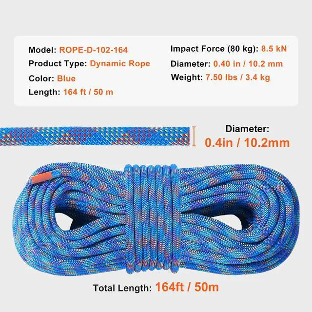 Alt view image 14 of 14 - VEVOR 10.2mm Dynamic Climbing Rope, 50M(164ft) Outdoor Rock Climbing Rope 25KN Breaking Tension, Fiber Rope with Steel Snap Hooks for Escape, Rappelling, Fire Rescue, Blue