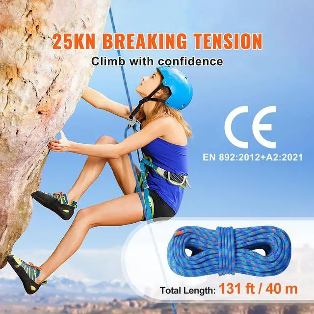 Alt view image 9 of 14 - VEVOR 10.2mm Dynamic Climbing Rope, 40M(131ft) Outdoor Rock Climbing Rope 25KN Breaking Tension, Fiber Rope with Steel Snap Hooks for Escape, Rappelling, Fire Rescue, Blue