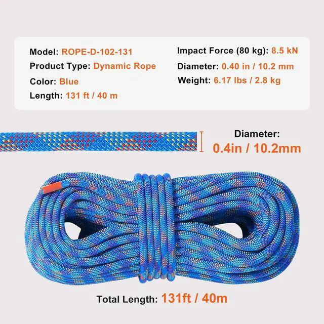 Alt view image 14 of 14 - VEVOR 10.2mm Dynamic Climbing Rope, 40M(131ft) Outdoor Rock Climbing Rope 25KN Breaking Tension, Fiber Rope with Steel Snap Hooks for Escape, Rappelling, Fire Rescue, Blue