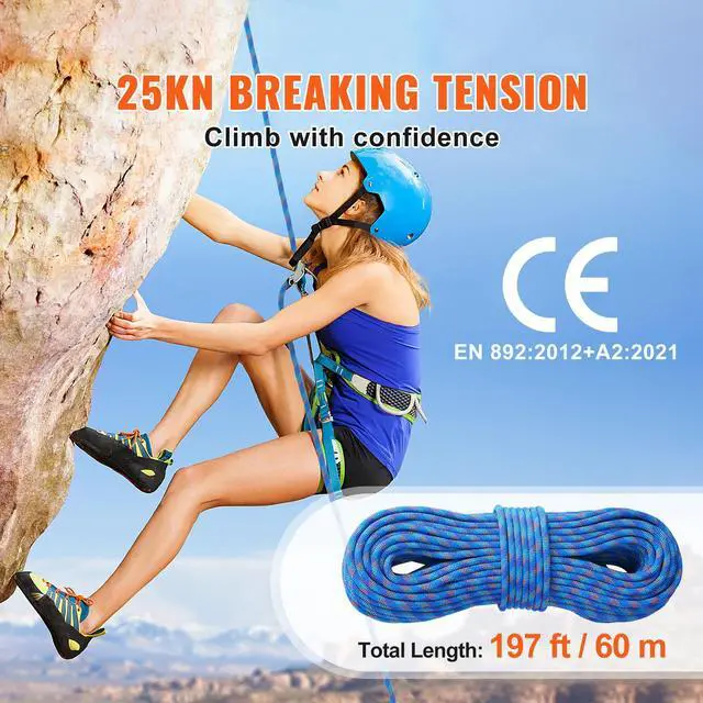 Alt view image 9 of 14 - VEVOR 10.2mm Dynamic Climbing Rope, 60M(197ft) Outdoor Rock Climbing Rope 25KN Breaking Tension, Fiber Rope with Steel Snap Hooks for Escape, Rappelling, Fire Rescue, Blue