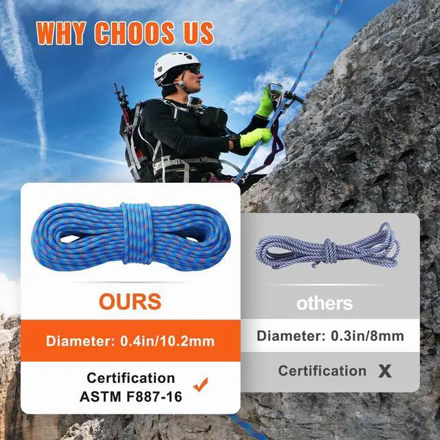 Alt view image 11 of 14 - VEVOR 10.2mm Dynamic Climbing Rope, 60M(197ft) Outdoor Rock Climbing Rope 25KN Breaking Tension, Fiber Rope with Steel Snap Hooks for Escape, Rappelling, Fire Rescue, Blue