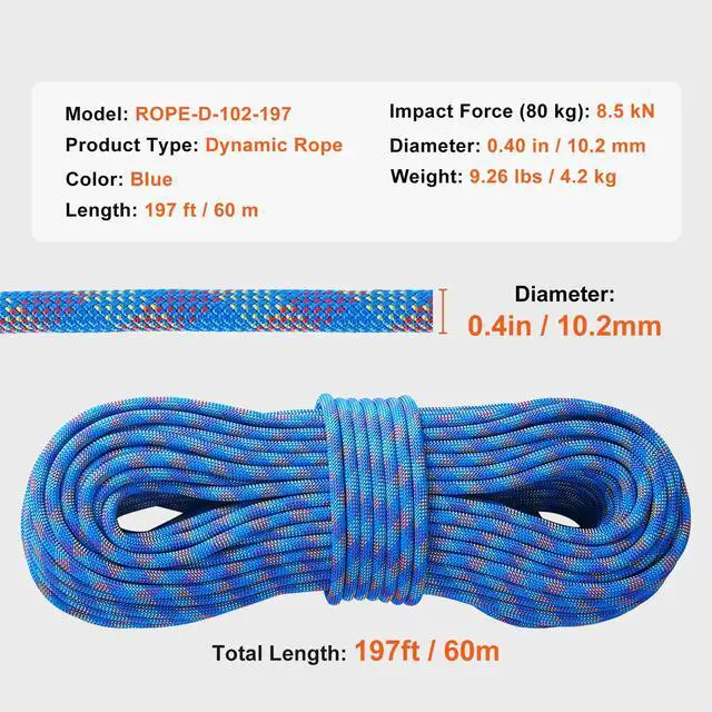 Alt view image 14 of 14 - VEVOR 10.2mm Dynamic Climbing Rope, 60M(197ft) Outdoor Rock Climbing Rope 25KN Breaking Tension, Fiber Rope with Steel Snap Hooks for Escape, Rappelling, Fire Rescue, Blue