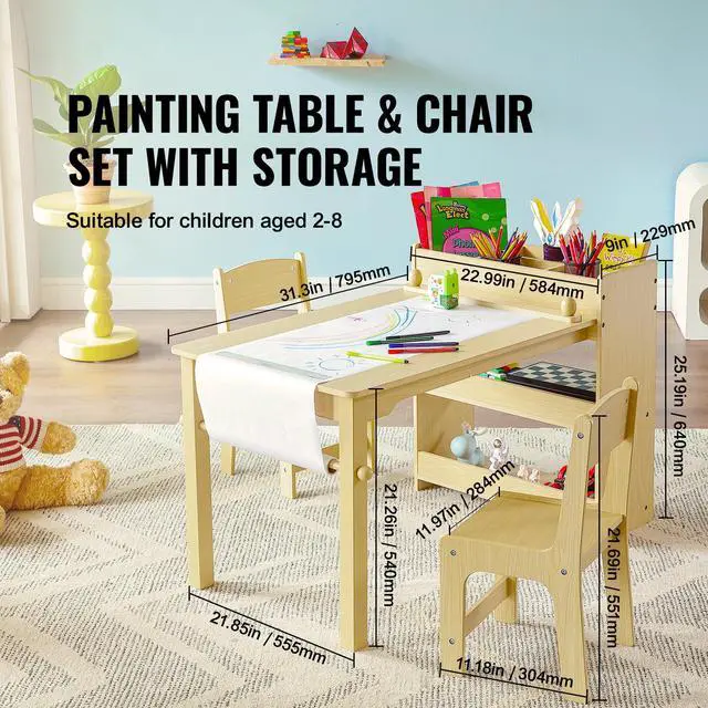 Alt view image 9 of 14 - VEVOR Kids Art Table and 2 Chairs, 2-in-1 Toddler Craft and Play Activity Table, Wood Toddler Table and Chair Set with A Cabinet for Art, Craft, Reading, Learning