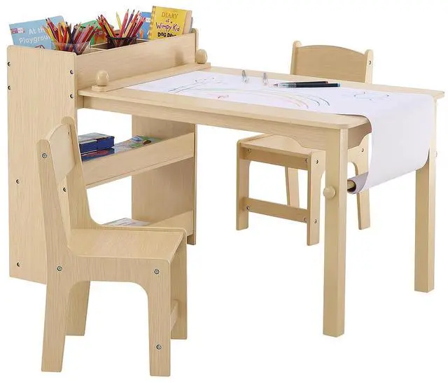 Alt view image 8 of 14 - VEVOR Kids Art Table and 2 Chairs, 2-in-1 Toddler Craft and Play Activity Table, Wood Toddler Table and Chair Set with A Cabinet for Art, Craft, Reading, Learning