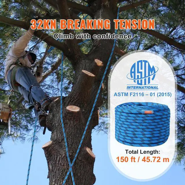 Alt view image 9 of 14 - VEVOR 12.7mm Static Climbing Rope, 45.7M(150ft) Outdoor Rock Climbing Rope 32KN Breaking Tension, Fiber Rope with Steel Snap Hooks for Escape, Rappelling, Fire Rescue, Blue