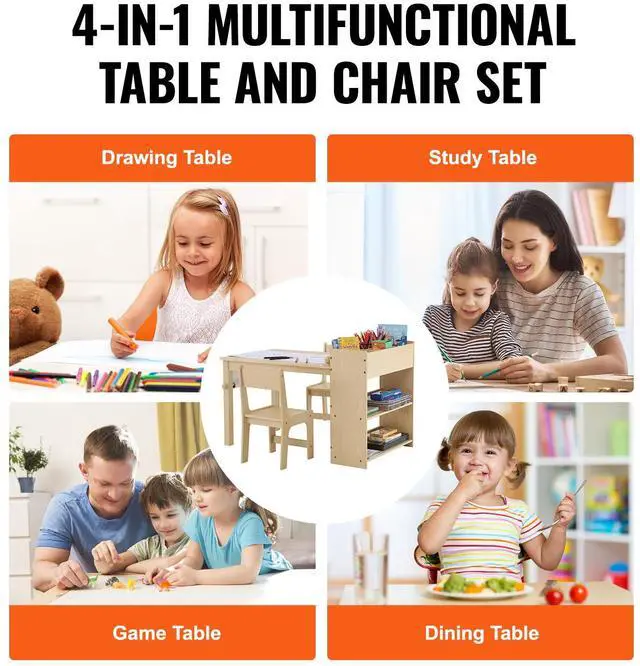 Alt view image 13 of 14 - VEVOR Kids Art Table and 2 Chairs, 2-in-1 Toddler Craft and Play Activity Table, Wood Toddler Table and Chair Set with A Cabinet for Art, Craft, Reading, Learning