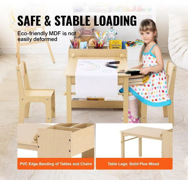 Alt view image 12 of 14 - VEVOR Kids Art Table and 2 Chairs, 2-in-1 Toddler Craft and Play Activity Table, Wood Toddler Table and Chair Set with A Cabinet for Art, Craft, Reading, Learning